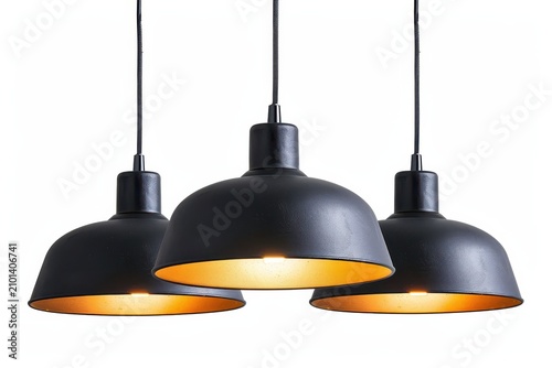 Three modern pendant lamps with matte black exterior and warm golden interior finish hanging from thin black cords suspended in a row on white background