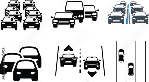 Fotografie Traffic jam and road congestion conceptual icons set showing vehicles and highway lane flows