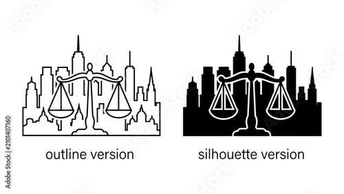 фотографія Law and Order Cityscape: Two stylized scales of justice, one in outline and the other in silhouette, are set against the backdrop of a modern city skyline, symbolizing law, order, and justice