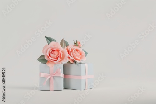 Two elegant light blue gift boxes decorated with beautiful soft pink artificial roses and delicate silk ribbons presented in a minimalist studio setting on white background