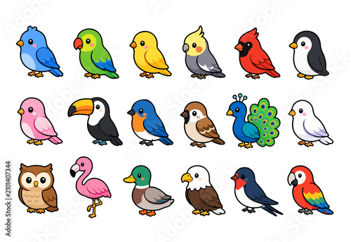 Foto Colorful hand-drawn cartoon birds perched together