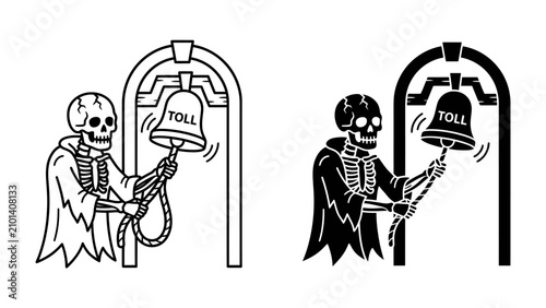 Foto Grim Reaper Rings the Bell: A skeletal figure, cloaked and ominous, tolls a bell inscribed with 'TOLL,' symbolizing the inevitable passage of time or fate