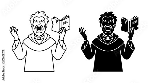 Obraz na płótnie Prophet's Fury: An enraged prophet, clutching a weathered bible, vocalizes divine pronouncements with outstretched hands and an open, shouting mouth