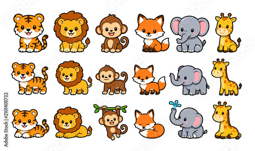Cute cartoon safari animals set in flat design. Hand-drawn wildlife collection for kids educational materials and playful branding.