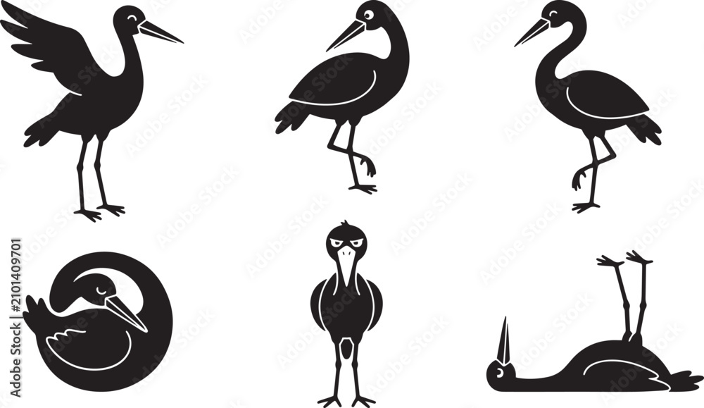 Obraz premium Black cranes, vector cranes, bird silhouettes, animal icons, wildlife graphics isolated on Transparent Background