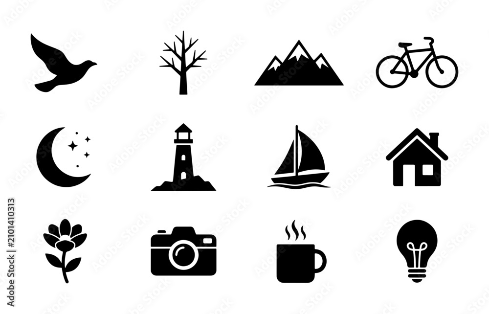 Fototapeta premium Nature and Lifestyle Icons Set: Bird, Tree, Mountains, Bicycle, Moon, Lighthouse, Sailboat, House, Flower, Camera, Coffee Cup, Lightbulb Icons