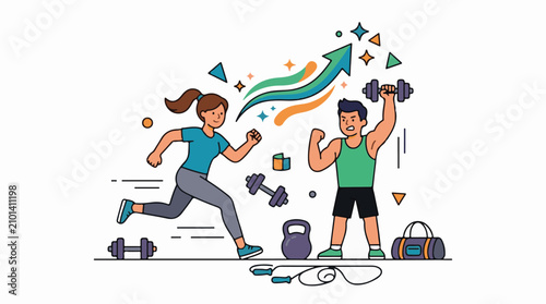 Active couple exercising with weights and a jumping rope fitness trend