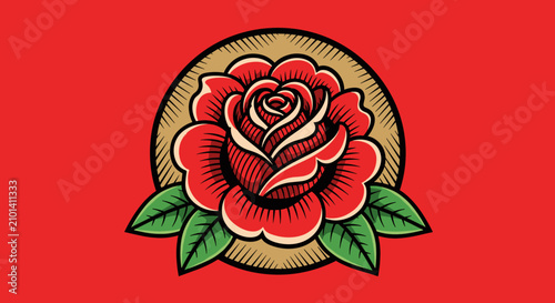 Foto Vintage style red rose illustration on red background.