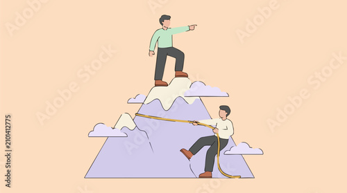 Photos Leadership and Teamwork: Man Guides Climber Up Mountain Illustration