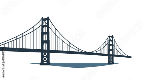 Stylized dark blue silhouette of a suspension bridge resembling the Golden Gate Bridge, featuring tall art deco towers and suspension cables, isolated on a white background.