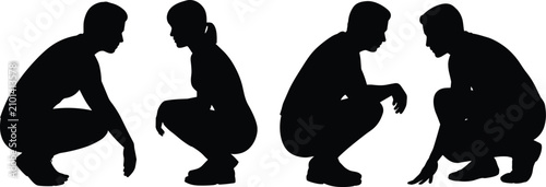 Foto Squatting People Silhouette Collection with Male and Female Crouching Poses Isol