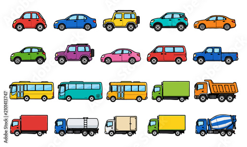 Colorful vector set of diverse vehicles in flat design. Collection of cars, buses, and trucks for transportation and urban mobility concepts.