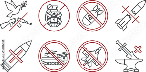 Tableau sur toile Anti War and Peace Symbol Icon Set with Prohibited Weapons Military Restrictions