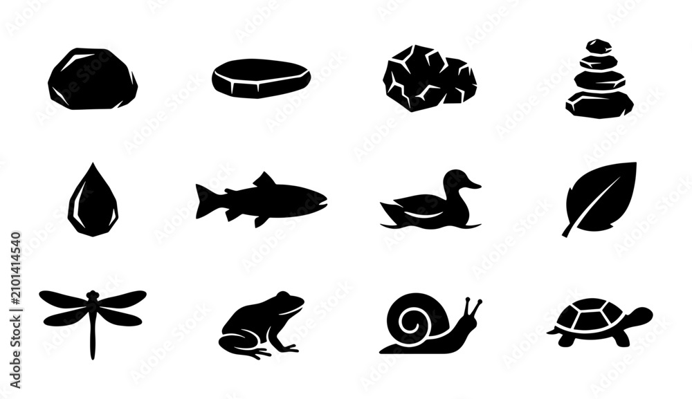 Fototapeta premium Nature Icons Set: Zen Stones, Water Drop, Fish, Duck, Leaf, Dragonfly, Frog, Snail, Turtle, Vector Graphics for Ecology and Wildlife Themes