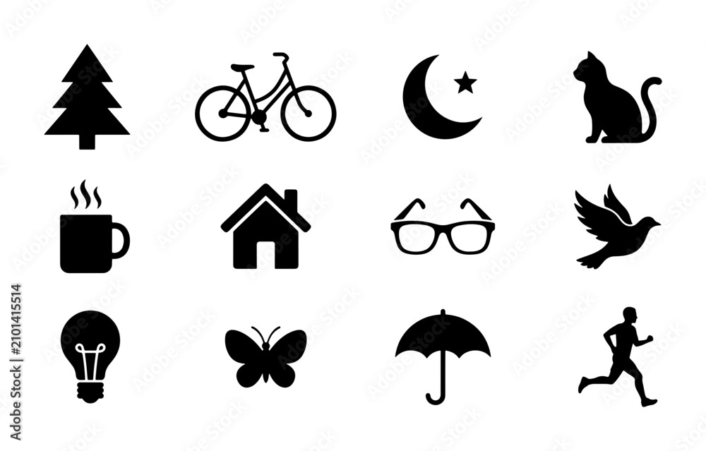 Fototapeta premium Simple Black Silhouette Icons Set: Tree, Bicycle, Moon, Cat, Coffee Cup, House, Glasses, Dove, Lightbulb, Butterfly, Umbrella, Runner