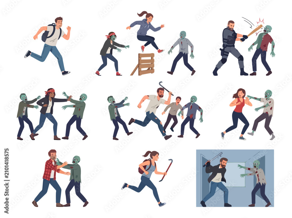 Fototapeta premium People fighting and running away from scary zombies in a survival horror set.