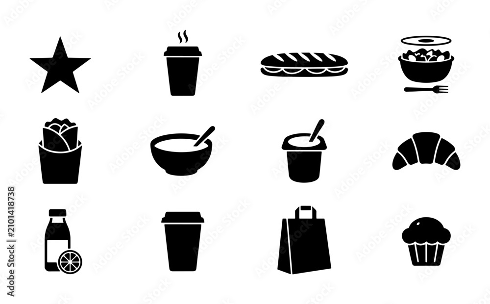 Fototapeta premium Food Icons Set, Vector Graphics for Restaurant Menus and Takeaway Services, Coffee Cups, Sandwiches, Salads, Pastries, and More