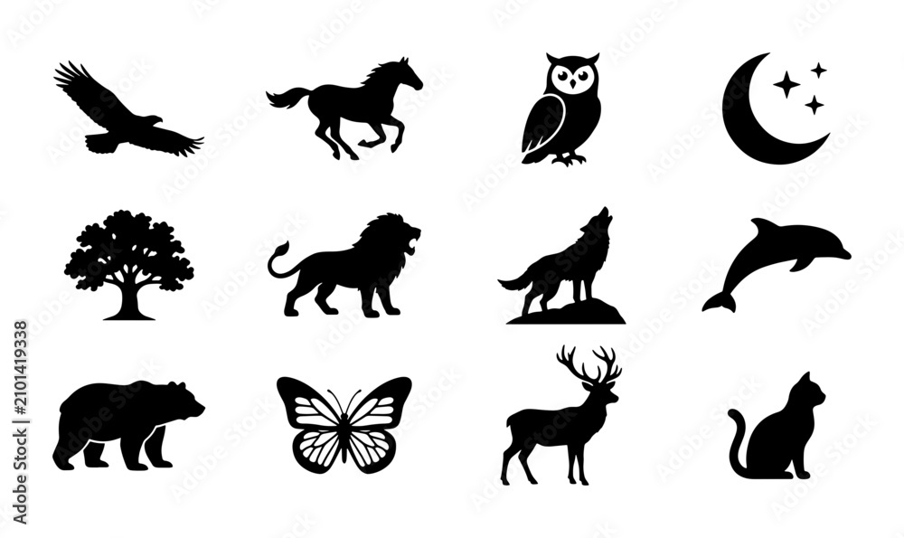 Obraz premium Silhouette Animal Icons Collection, Wildlife and Nature Vector Graphics, Mammal and Bird Silhouettes for Design Projects