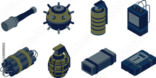 Cuadro en lienzo Isometric Military Explosives and Weapon Icon Set with Grenades Naval Mines Dyna