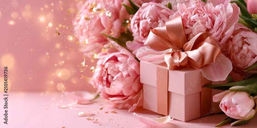 Fototapeta premium Soft pink peonies surround a gift box with a ribbon, set against a dreamy background with golden bokeh sparkles and falling petals.