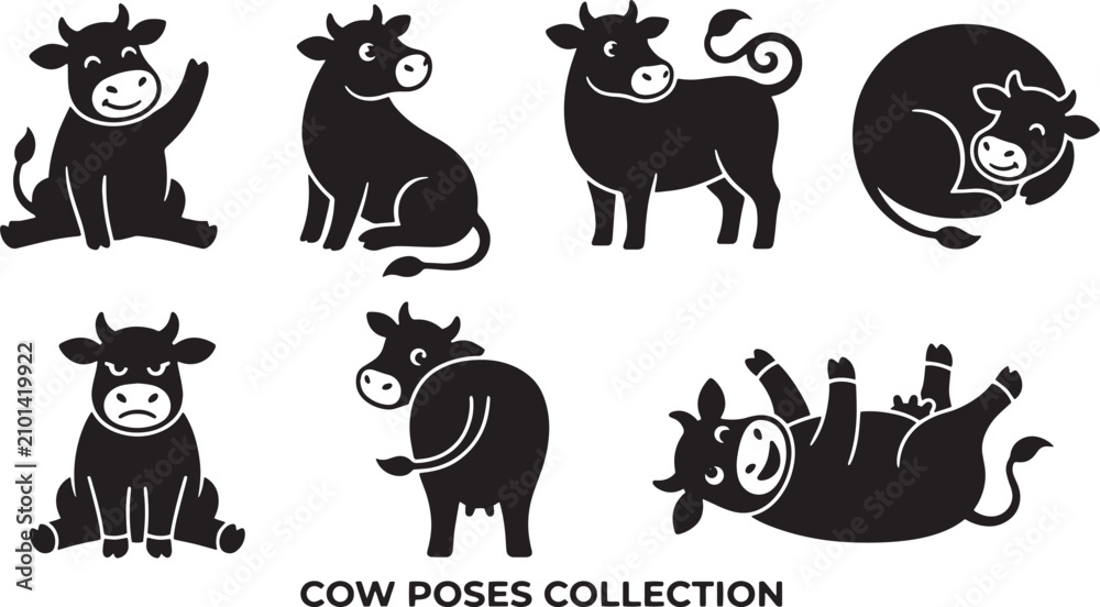 Obraz premium Black cow poses collection, cow illustrations, animal icons, vector graphics isolated on Transparent Background