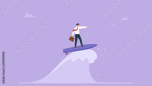 Photography Expert businessman surfing or riding wave to success direction