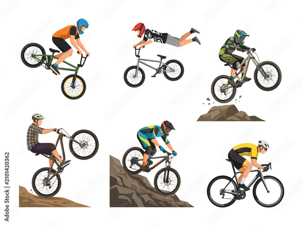 Obraz premium A collection of diverse cyclists performing various mountain biking and BMX stunts and riding techniques.