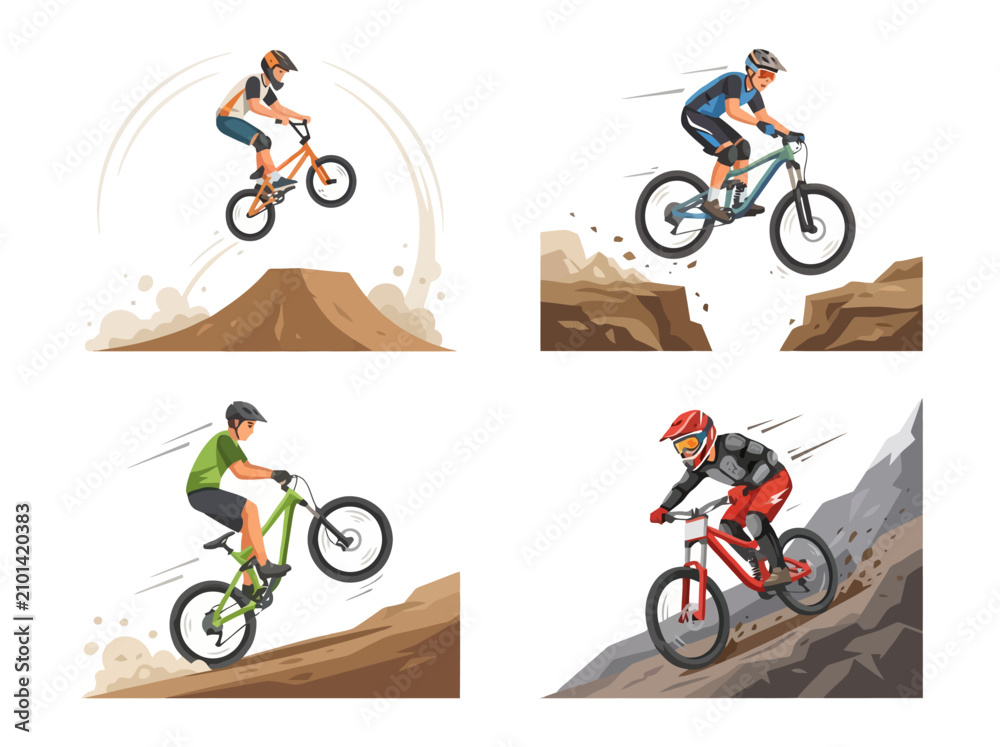 Fototapeta premium Four distinct illustrations of cyclists performing various mountain biking and BMX stunts and riding maneuvers.