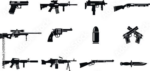 Fotografía Military Firearms and Tactical Weapons Silhouette Icon Set with Rifles Pistols S