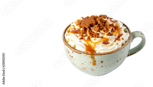 A creamy gingerbread latte in a festive ceramic cup topped with whipped cream, gingerbread cookie crumbs, cinnamon powder, and caramel drizzle, isolated on transparent background