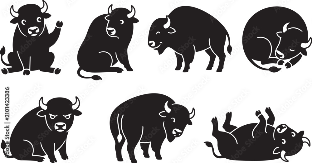Fototapeta premium Cute buffalo character set, black silhouette bison icons with various emotions, 7 vector animal mascots for children branding isolated on Transparent Background