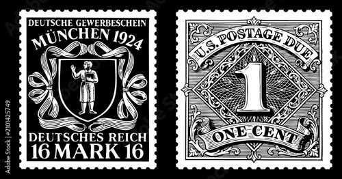 Obraz na płótnie Vintage Postage Stamp Collection, Antique Style Vector Illustration Set