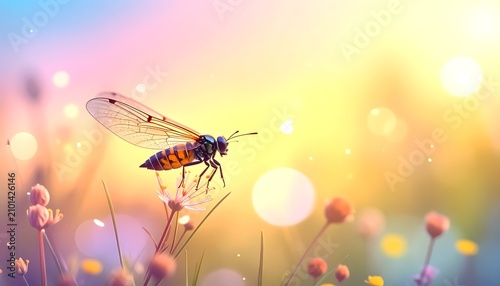 Insect on flower with colorful background.