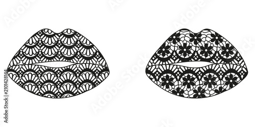 Obraz na plátně Set black Lace texture Lips isolated transparent background