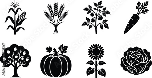 Canvastavla Set of black and white farm icons featuring harvest crops, vegetables, fruits, a