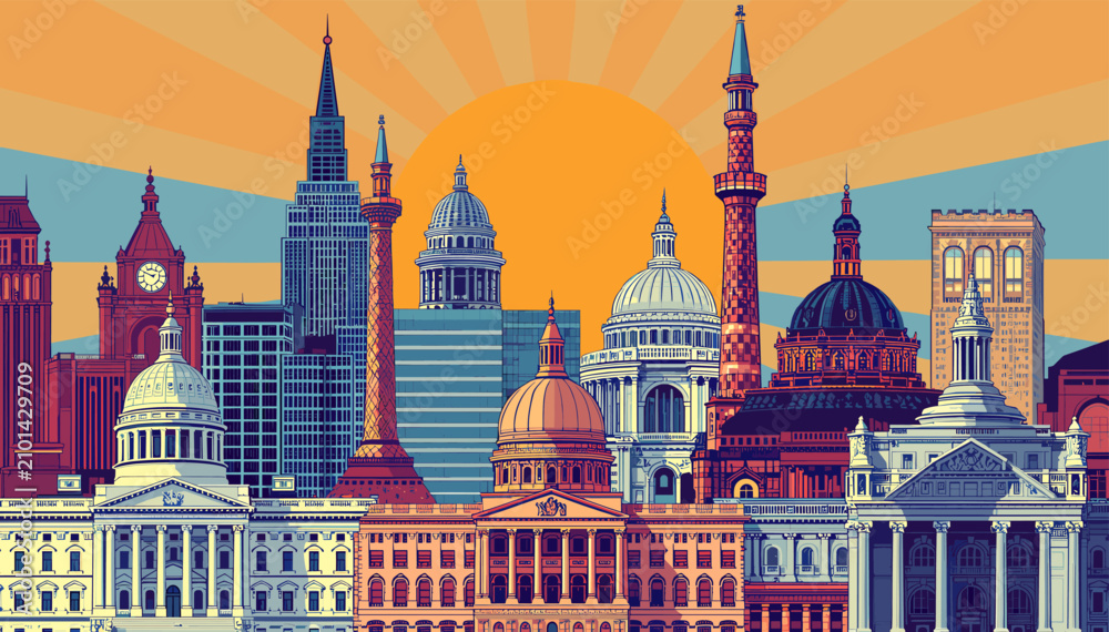 Fototapeta premium A vibrant, stylized illustration of a diverse cityscape featuring numerous iconic government buildings and architectural landmarks under a radiant sunrise.