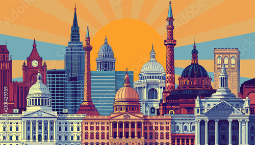 Fotografía A vibrant, stylized illustration of a diverse cityscape featuring numerous iconic government buildings and architectural landmarks under a radiant sunrise