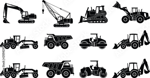 Konstfotografi Construction Heavy Equipment Silhouette Icon Set with Excavator Crane Bulldozer