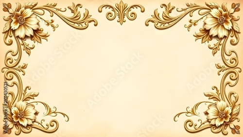 Elegant Vintage Gold Floral Ornate Frame Design on Aged Paper Background.