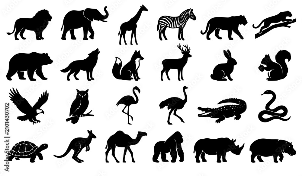 Obraz premium Minimal wild animal silhouettes vector collection with diverse mammals birds and reptiles isolated on white