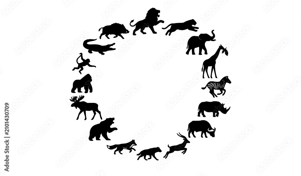 Fototapeta premium Safari wildlife animal silhouette bundle with African and forest mammals isolated vector illustration set