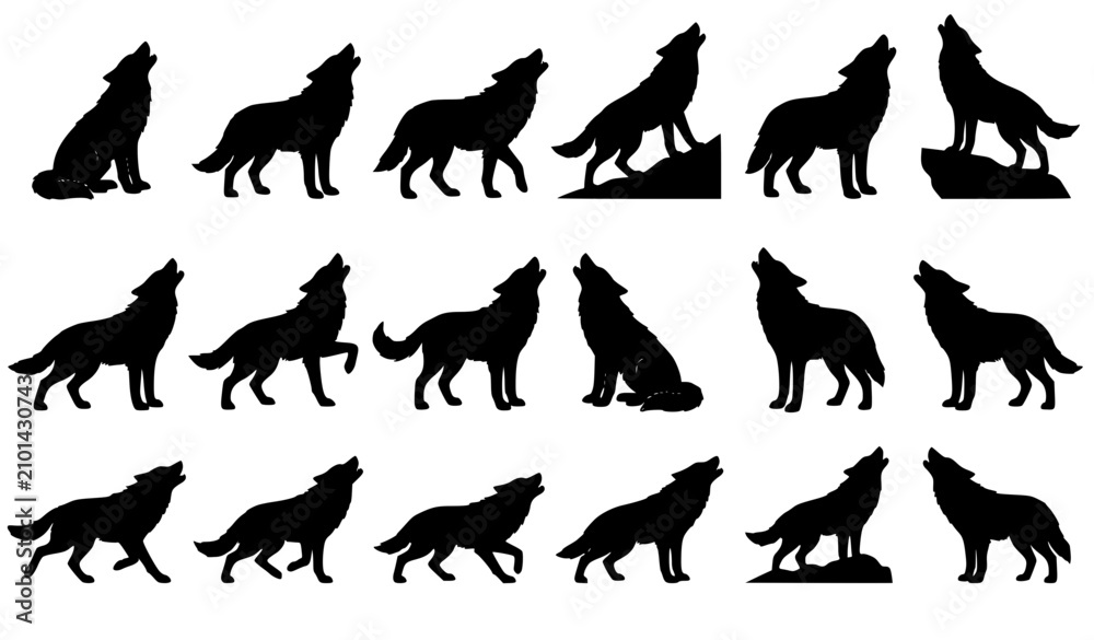 Obraz premium Black Howling Wolf Silhouette Bundle Vector Illustration with Wild Canine Icons Isolated on White
