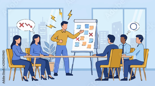 Photos Tense Business Meeting with Frustrated Manager and Disengaged Employees