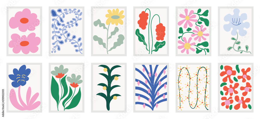 Fototapeta premium Botanical doodle background art vector set. Flower and leaves abstract shape doodle art design for print, wallpaper, clipart, wall art for home decoration.