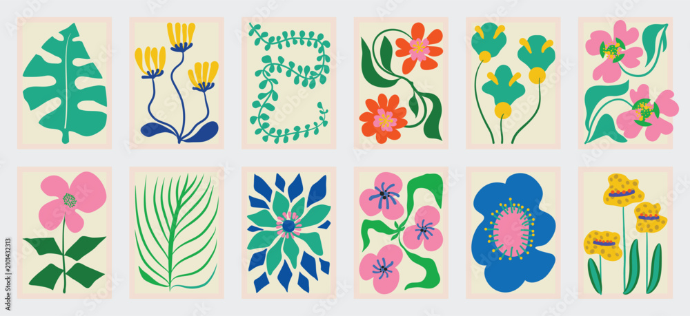 Fototapeta premium Botanical doodle background art vector set. Flower and leaves abstract shape doodle art design for print, wallpaper, clipart, wall art for home decoration.