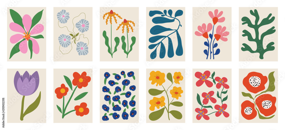 Fototapeta premium Botanical doodle background art vector set. Flower and leaves abstract shape doodle art design for print, wallpaper, clipart, wall art for home decoration.