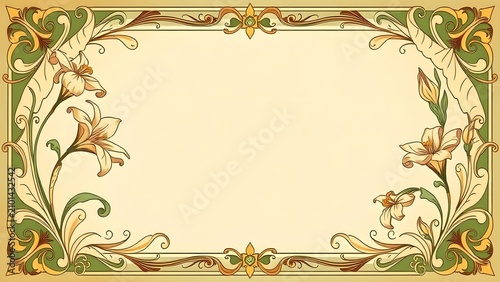 Elegant Art Nouveau Floral Frame with Lilies and Ornate Swirls.