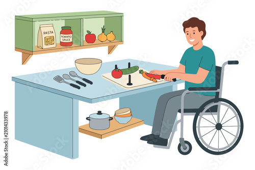 Young caucasian male in wheelchair cooking at accessible kitchen.