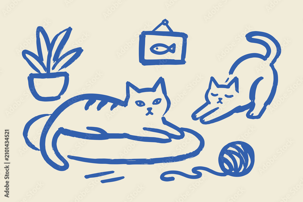 Naklejka premium Cats At Home naive Brush Art Vector Illustration
