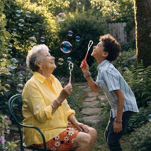 Grandmother and Grandchild Blowing Bubbles Together in a Garden